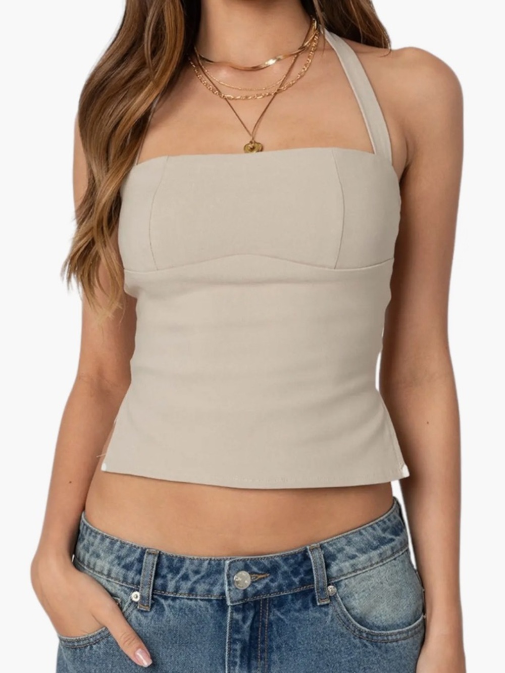 Edikted Beige Square Neck Halter Tank